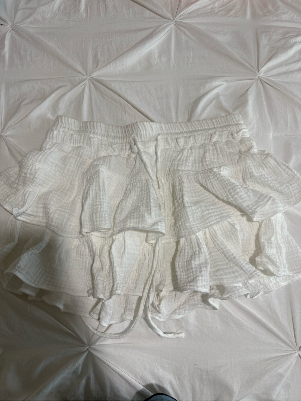 White Layered Ruffle Mini Skirt with Drawstring Waist